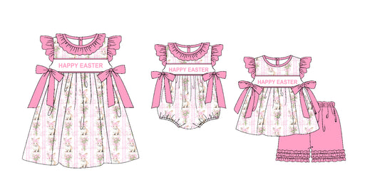 11.20(Custom Design Preorder MOQ 5 Each Design) Happy Easter Bunny Print Girls Matching Clothes Sisters Wear