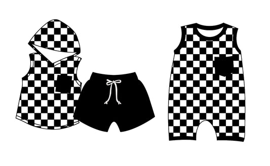 11.11(Custom Design Preorder MOQ 5 Each Design) Black Plaid Print Boys Summer Matching Clothes Brothers Wear