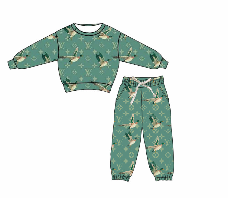 (Custom Design Preorder MOQ 5 Each Item) Duck Green L*V* Top Jogger Pants Girls Clothes Set