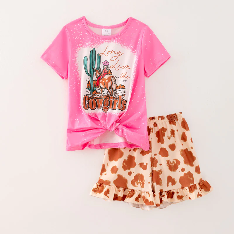 (Custom Design Preorder MOQ 5) Cowgirl Top Brown Shorts Girls Summer Clothes Set