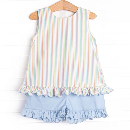(Custom Design Preorder MOQ 5) Colorful Stripes Top Blue Shorts Girls Summer Clothes Set