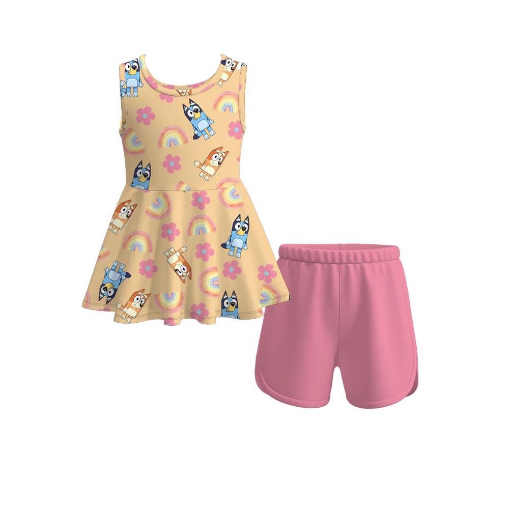 (Custom Design Preorder MOQ 5) Cartoon Dog Rainbow Top Pink Shorts Girls Summer Clothes Set