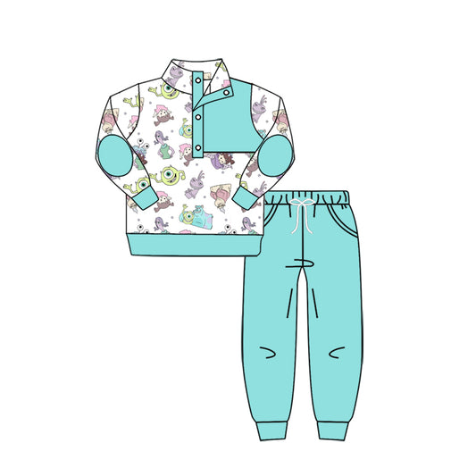 11.16(Custom Design Preorder MOQ 5) Cartoon Monster Pullover Top Aqua Pants Boys Fall Clothes Set