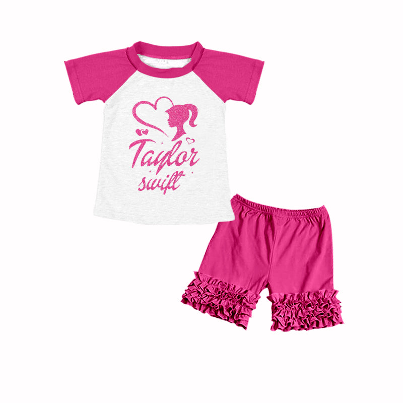 (Custom Design Preorder MOQ 5) Pink BA Print Top Ruffle Shorts Girls Summer Clothes Set