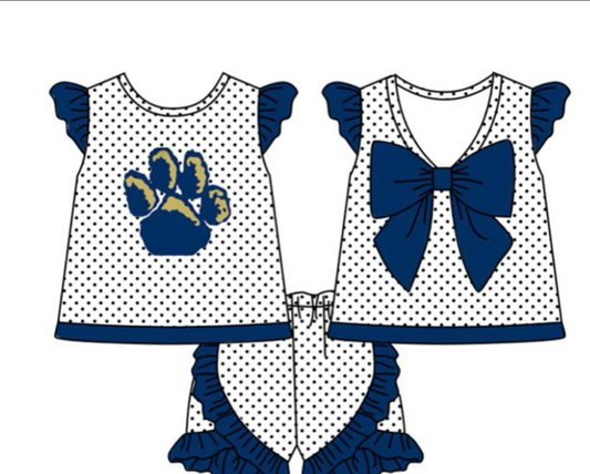 (Custom Design Preorder MOQ 5) Team's MORTON PANTHBRS Paw Navy Top Ruffle Shorts Girls Summer Clothes Set