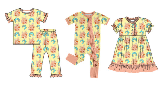 12.13(Custom Design Preorder MOQ 5 Each Design) Orange Flowers Print Girls Western Matching Clothes Sisters Wear