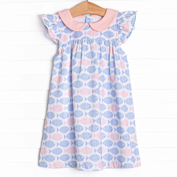 (Custom Design Preorder MOQ 5) Fish Print Girls Knee Length Summer Dress