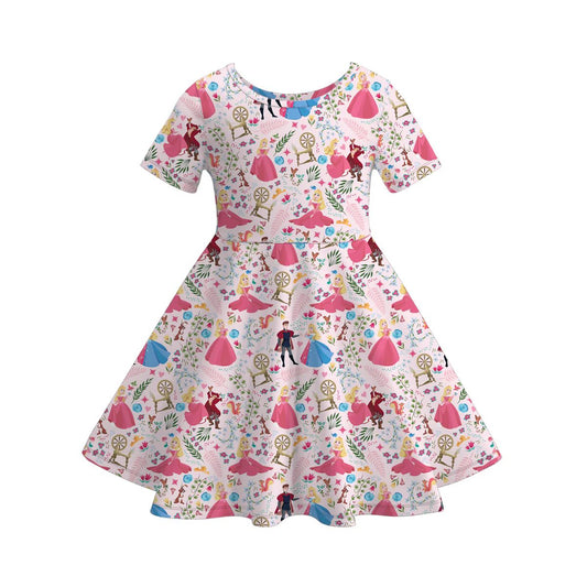 (Custom Design Preorder MOQ 5) Cartoon Princess Flowers Print Girls Summer Knee Length Dress