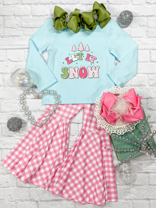 (Custom Design Preorder MOQ 5) Let It Snow Blue Top Plaid Bell Pants Girls Christmas Clothes Set