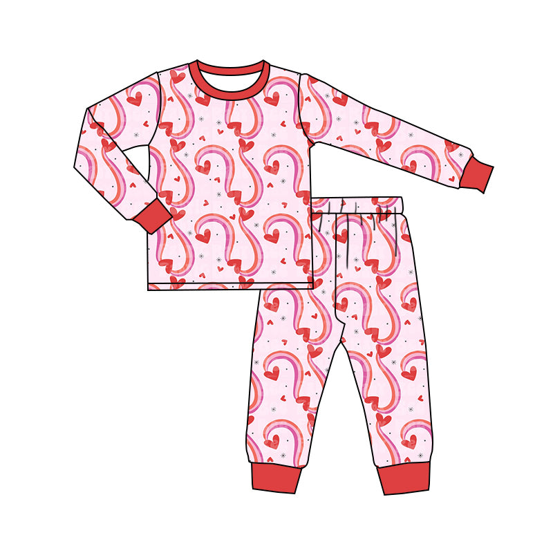 (Custom Design Preorder MOQ 5) Heart Pink Print Girls Valentine's Day Pajamas Bamboo Clothes Set