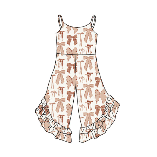 (Custom Design Preorder MOQ 5) Brown Bows Print Girls Summer Jumpsuits