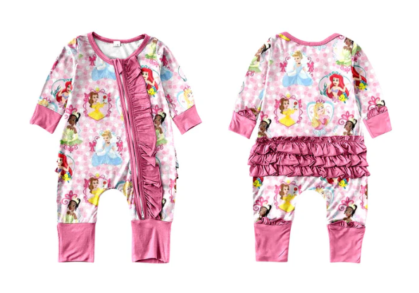 (Custom Design Preorder MOQ 5) Cartoon Princess Flowers Print Baby Girls Zipper Sleeper Ruffles Romper