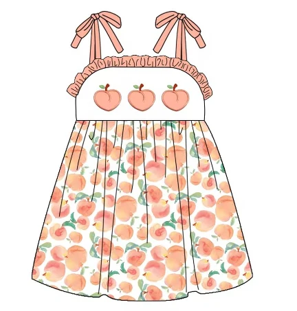 (Custom Design Preorder MOQ 5) Peach Print Girls Knee Length Summer Dress