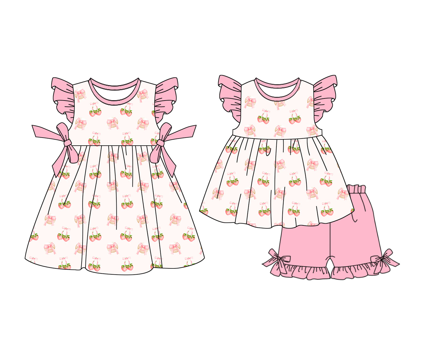 1.6(Custom Design Preorder MOQ 5 Each Design)  Baseball Bows Cherry Print Girls Summer Matching Clothes Sisters Wear