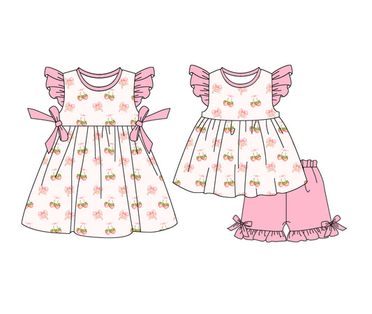 1.6(Custom Design Preorder MOQ 5 Each Design)  Baseball Bows Cherry Print Girls Summer Matching Clothes Sisters Wear