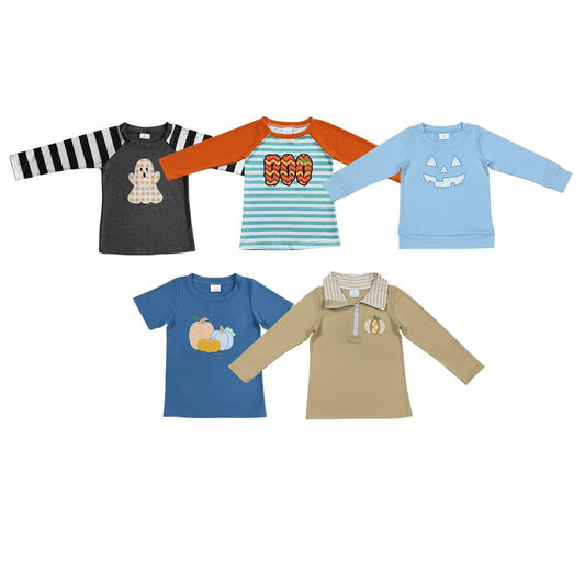 5 Styles Fall Pumpkin Halloween Embroidery Boys Tee Shirts Top