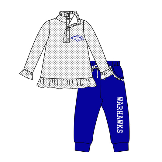 (Custom Design Preorder MOQ 5) Team's WARHAWKS Top Blue Pockets Pants Girls Fall Clothes Set