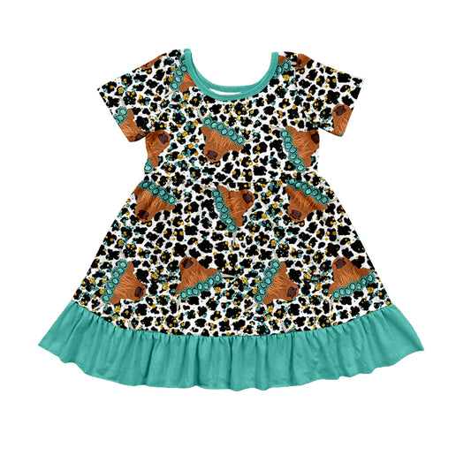 (Custom Design Preorder MOQ 5) Highland Cow Turquoise Leopard Print Girls Western Knee Length Dress