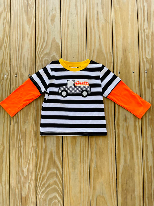 (Custom Design Preorder MOQ 5)  Candy Trucks Stripes Print Boys Halloween Tops