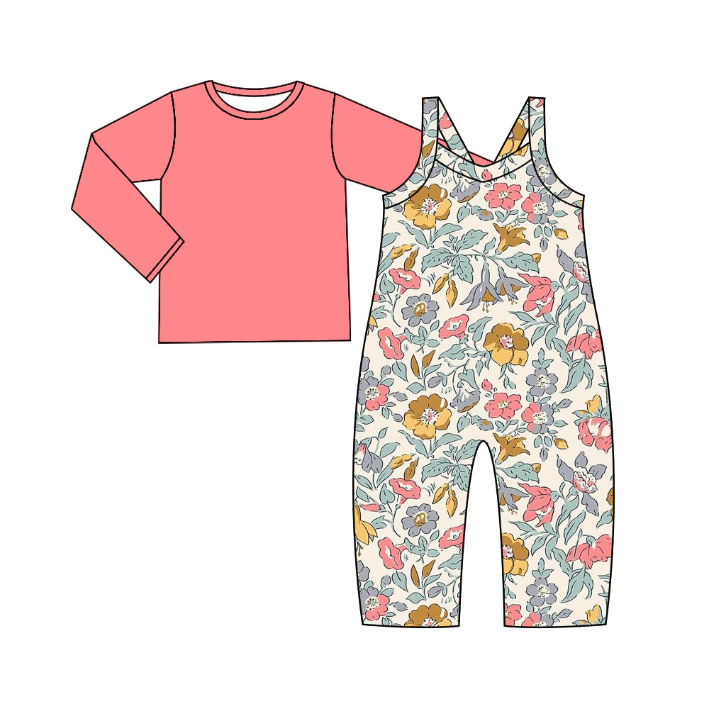 (Custom Design Preorder MOQ 5) Pink Top Flowers Jumpsuit Girls Fall Clothes Set