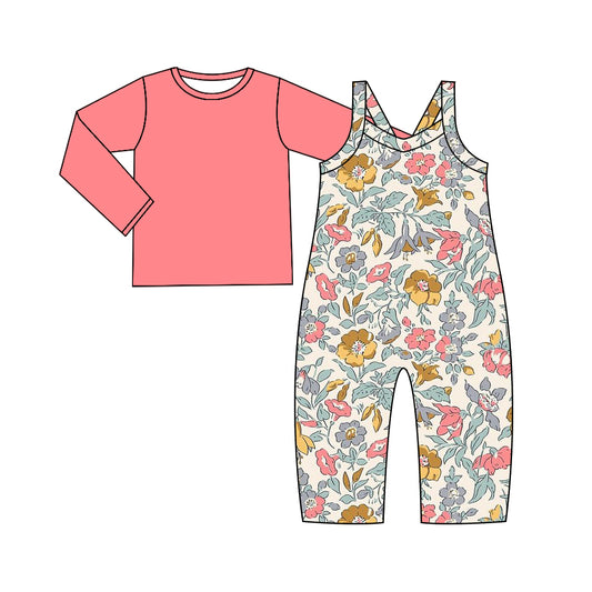 (Custom Design Preorder MOQ 5) Pink Top Flowers Jumpsuit Girls Fall Clothes Set