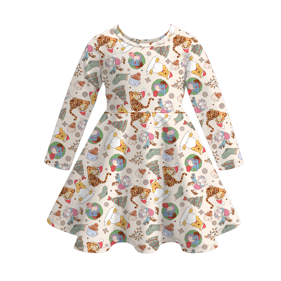 (Custom Design Preorder MOQ 5) Cartoon Animals Lights Print Girls Knee Length Christmas Dress