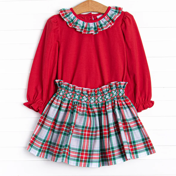 (Custom Design Preorder MOQ 5)  Red Top Plaid Skirts Girls Christmas Clothes Set