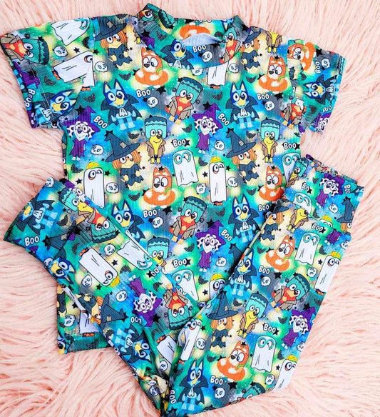 (Custom Design Preorder MOQ 5)  Cartoon Dog Print Boys Halloween Pajamas Bamboo Clothes Set