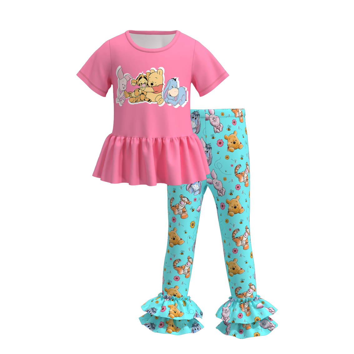 (Custom Design Preorder MOQ 5) Cartoon Bear Top Flowers Pants Girls Clothes Set