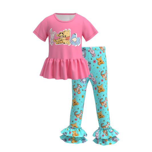 (Custom Design Preorder MOQ 5) Cartoon Bear Top Flowers Pants Girls Clothes Set