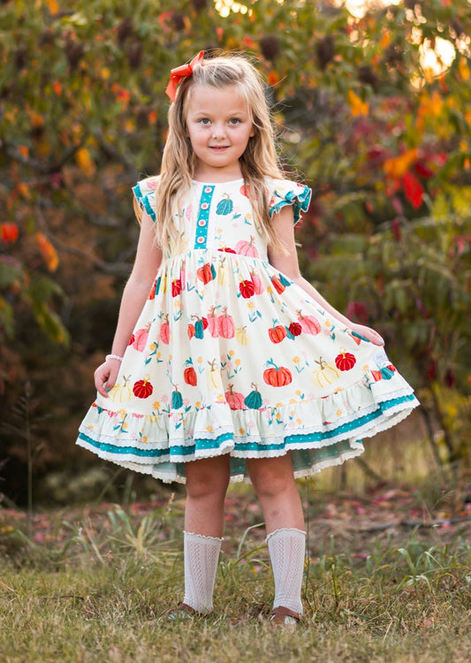 (Custom Design Preorder MOQ 5) Pumpkin Flowers Print Girls Knee Length Fall Dress