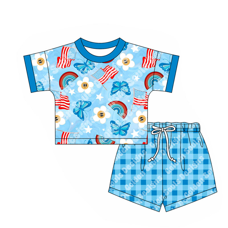 2.24(Custom Design Preorder MOQ 5) Flowers Flag Rainbow Top Blue Plaid Shorts Girls 4th of July Clothes Set
