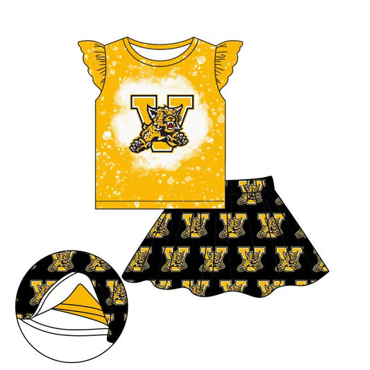 (Custom Design Preorder MOQ 5) Team's V Wildcat Yellow Top Skirts Shorts Girls Clothes Sets