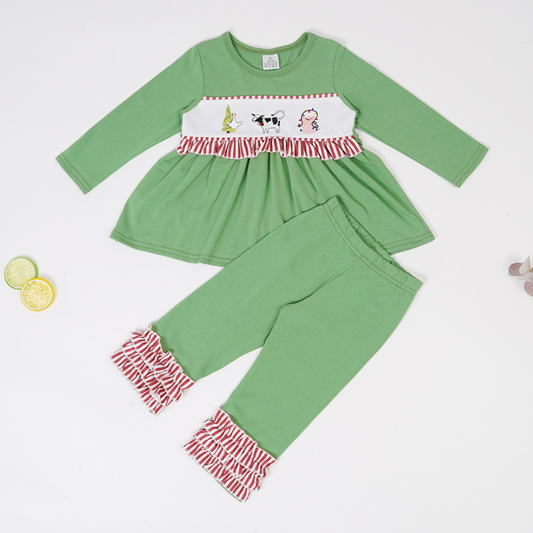 (Custom Design Preorder MOQ 5) Farm Animals Green Tunic Top Ruffle Pants Girls Christmas Clothes Set