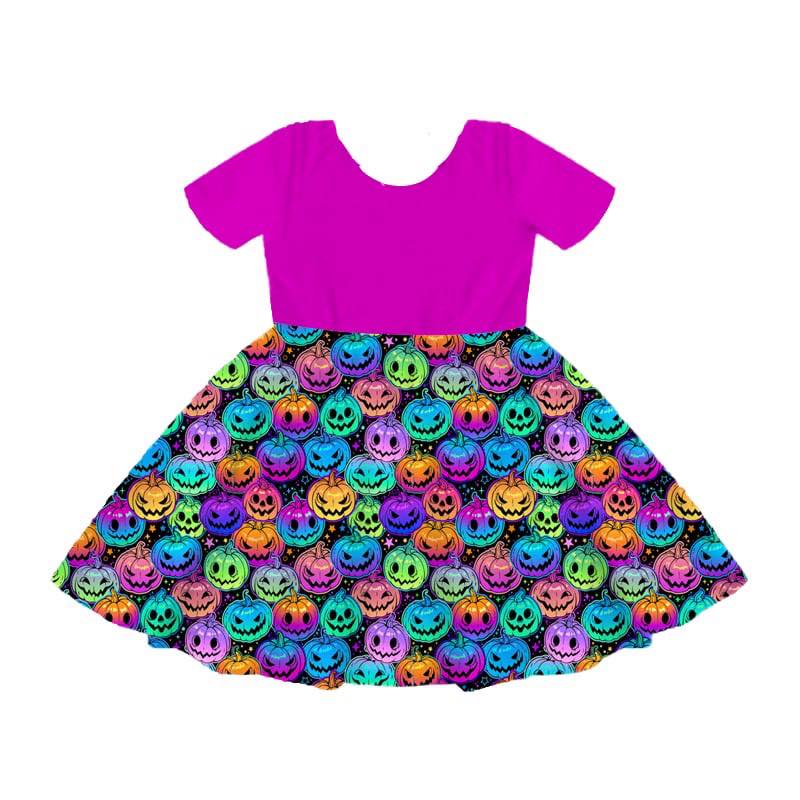 (Custom Design Preorder MOQ 5) Colorful Pumpkin Hotpink Print Girls Knee Length Halloween Dress