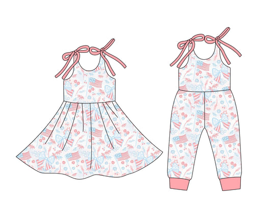12.24 (Custom Design Preorder MOQ 5 Each Design) Flag Flowers Bows Print Girls 4th of July Matching Clothes Sisters Wear