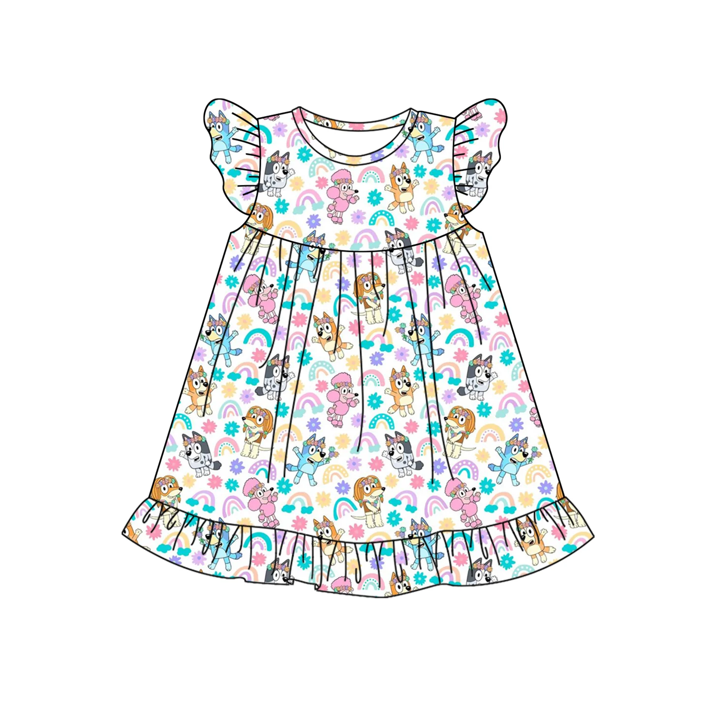 (Custom Design Preorder MOQ 5) Cartoon Dog Rainbow Flowers Print Girls Summer Knee Length Dress