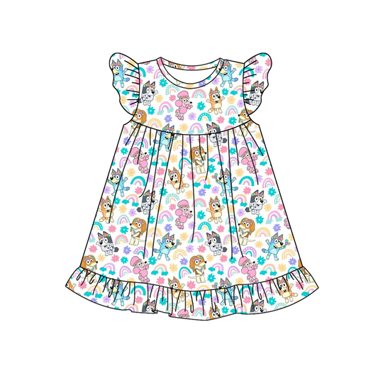 (Custom Design Preorder MOQ 5) Cartoon Dog Rainbow Flowers Print Girls Summer Knee Length Dress