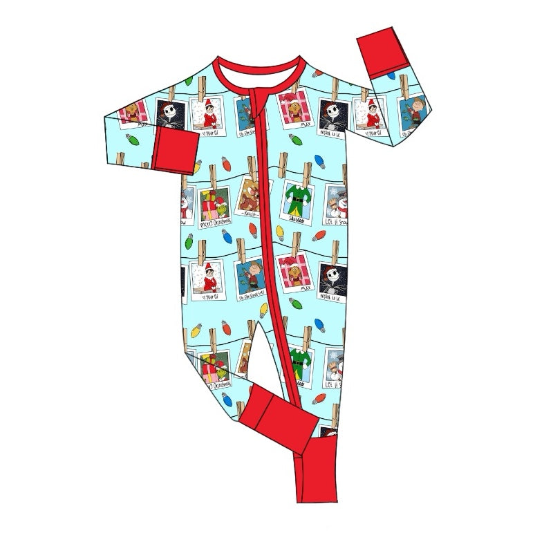 (Custom Design Preorder MOQ 5)  Cartoon Figure Print Baby Christmas Bamboo Sleeper Zipper Romper