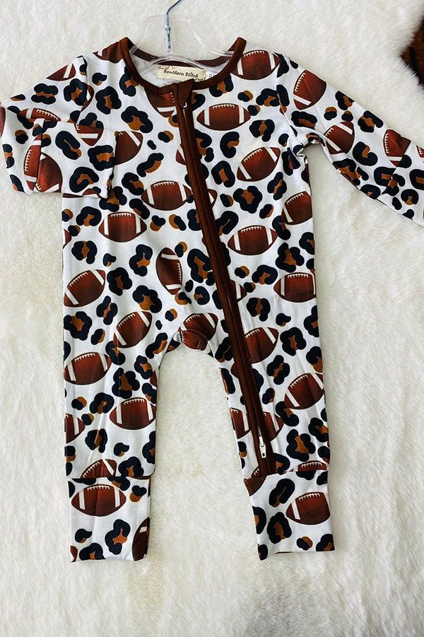 (Custom Design Preorder MOQ 5)  Football Leopard Brown Print Baby Long Sleeve Bamboo Sleeper Zipper Romper