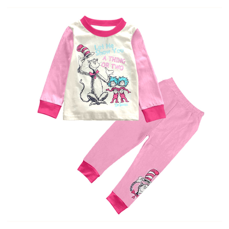 (Custom Design MOQ 5) Pink Cat Dr.Reading Print Girls Pajamas Clothes Set