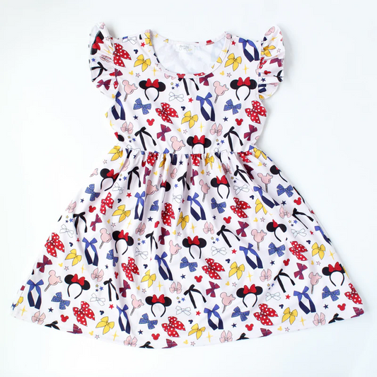 (Custom Design Preorder MOQ 5)  Colorful Bows Cartoon Mouse Print Girls Summer Knee Length Dress