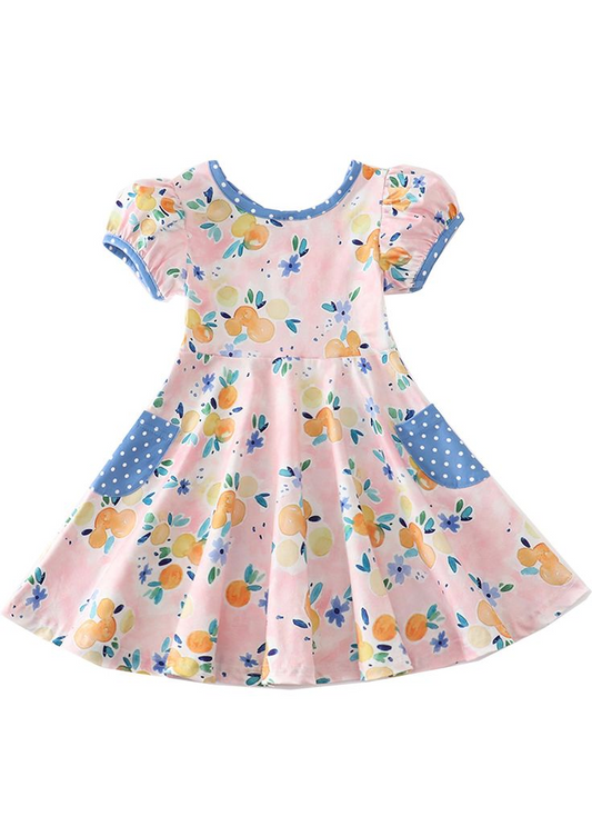 (Custom Design Preorder MOQ 5)  Peach Print Pockets Girls Knee Length Summer Dress