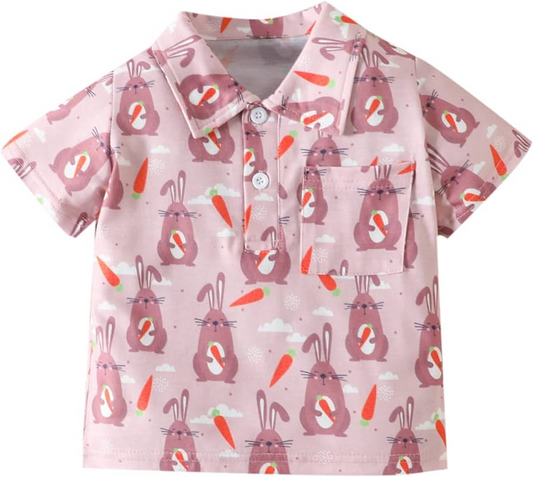 (Custom Design MOQ 5)  Pink Bunny Carrot Print Boys Buttons Polo Tee Shirts Easter Top