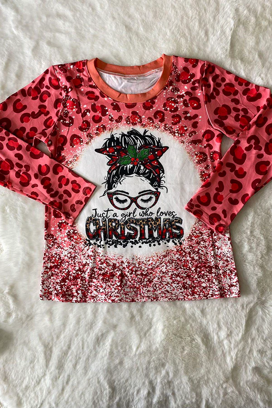 (Custom Design Preorder MOQ 5) Just a Girl Leopard Print Girls Christmas Tee Shirts Top