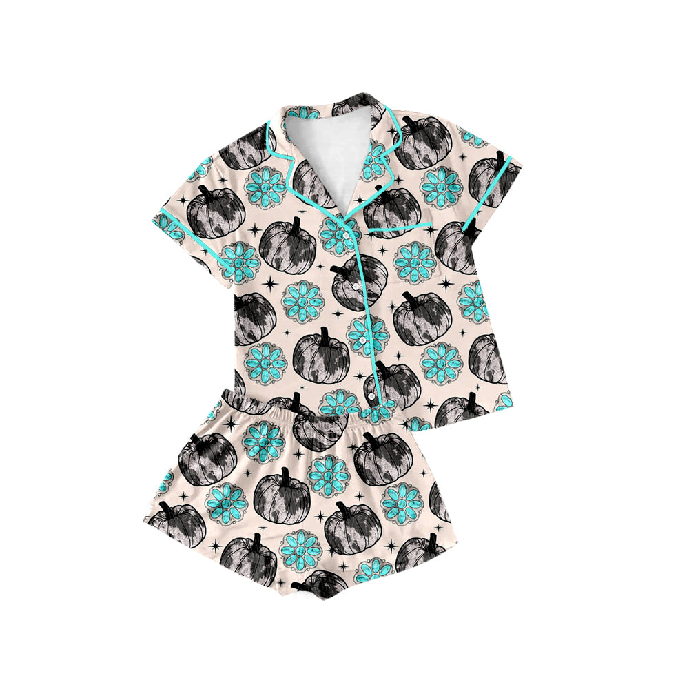 (Custom Design Preorder MOQ 5 Each Design) Pumpkin Turquoise Print Fall Buttons Pajamas Sets Mom and Me Matching Clothes