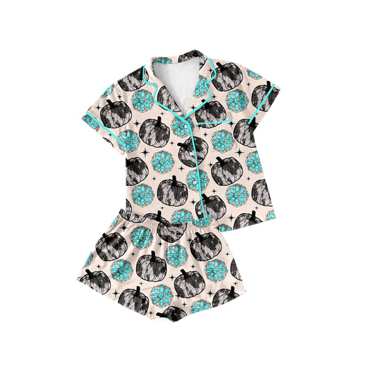 (Custom Design Preorder MOQ 5 Each Design) Pumpkin Turquoise Print Fall Buttons Pajamas Sets Mom and Me Matching Clothes
