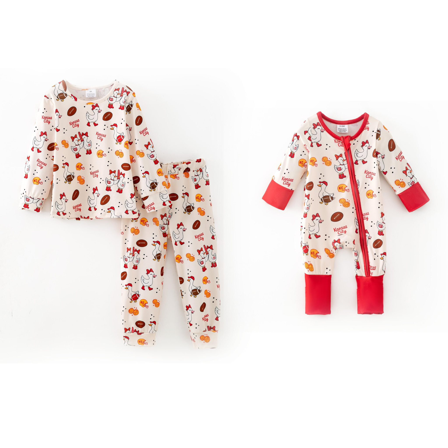 (Custom Design Preorder MOQ 5 Each Design) Goose Football Team's Kansas City KC Print Girls Pajamas Matching Clothes Sisters Wear