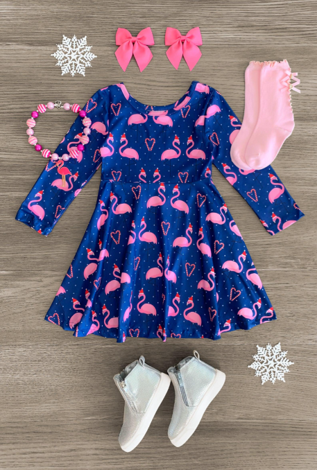 (Custom Design MOQ 5) Christmas Flamingo Knee Length Dress