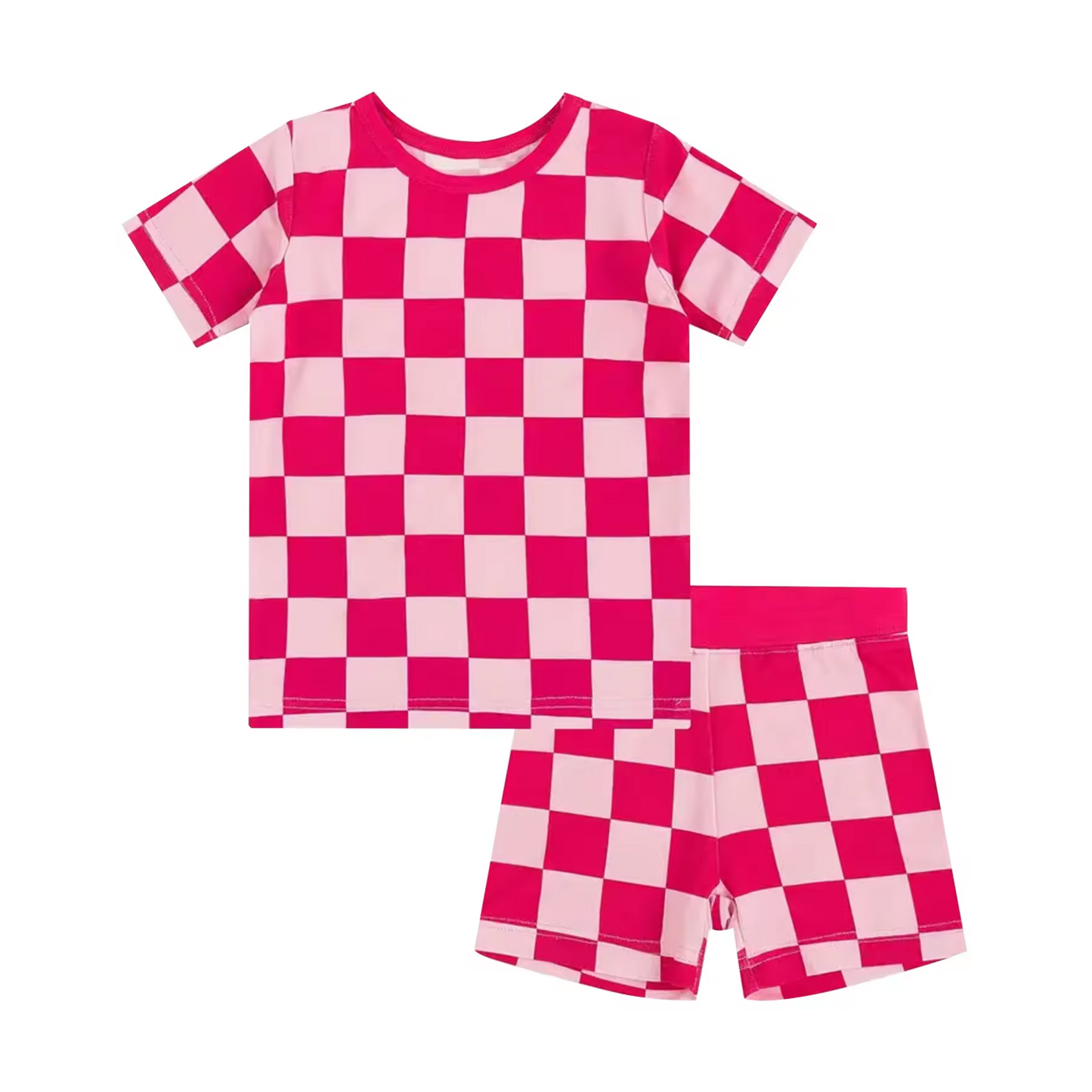 (Custom Design Preorder MOQ 5) Hotpink Plaid Print Girls Summer Pajamas Clothes Set